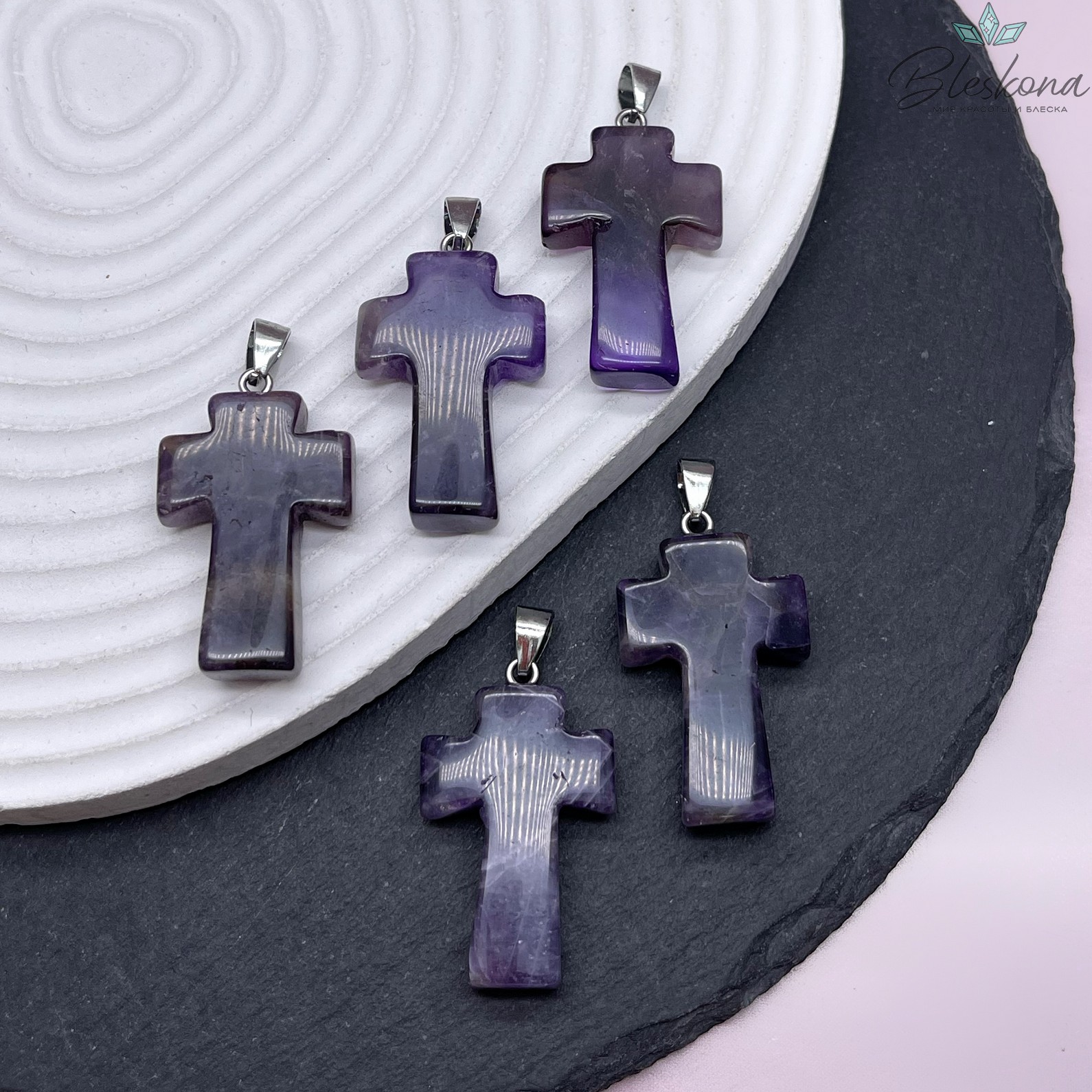 Подвеска крест Аметист, цвет серебро 35*22 мм