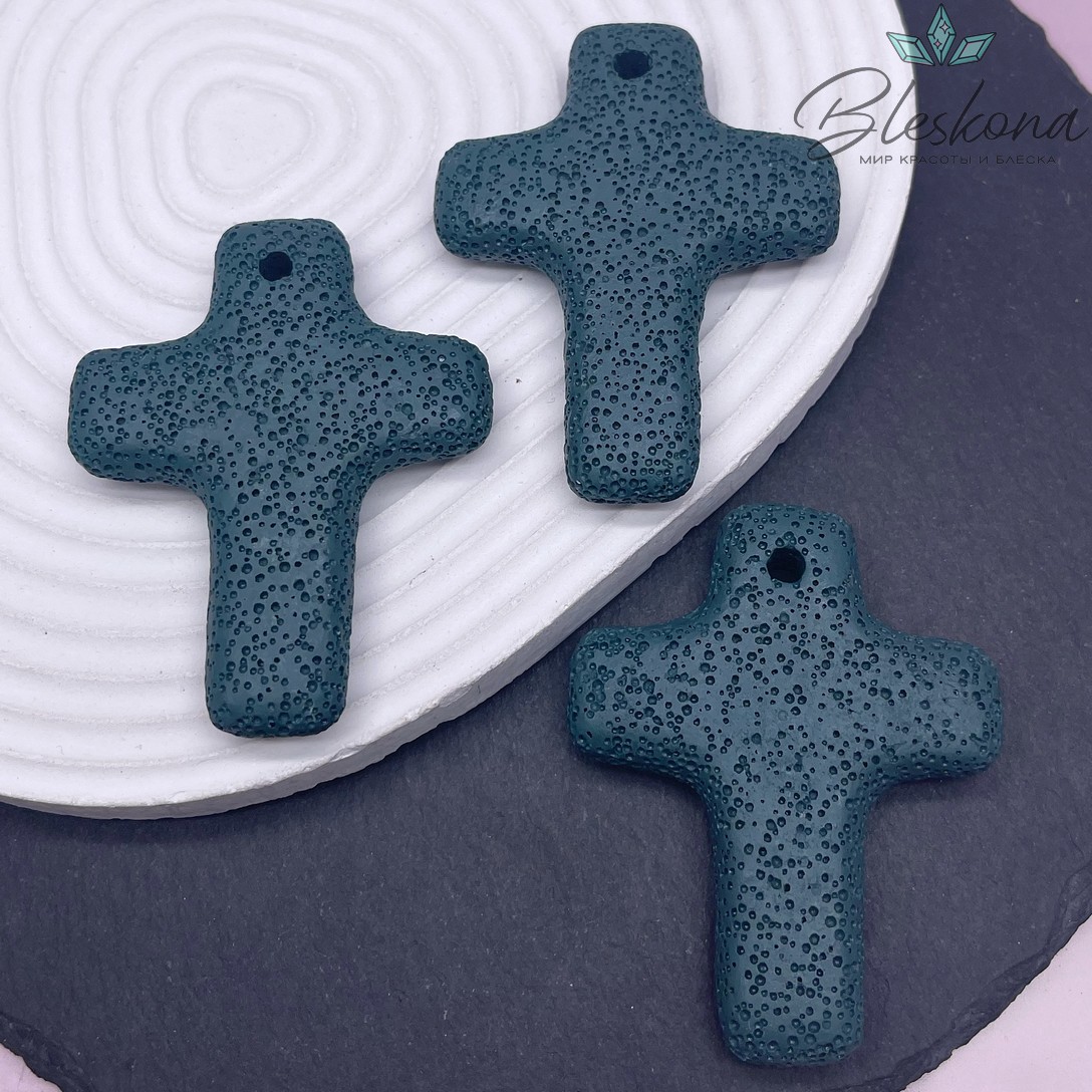 Лава Вулканическая Подвеска крест, цвет морской волны 66*52 мм