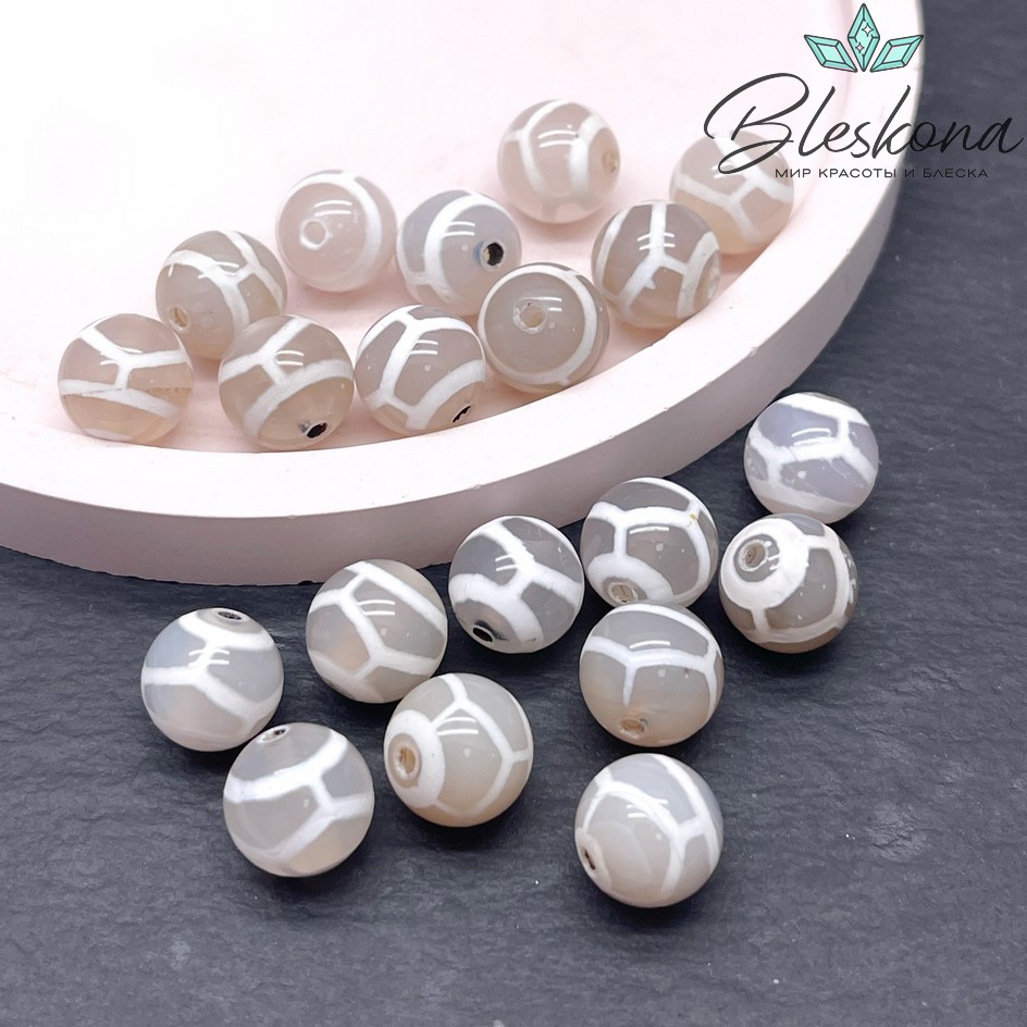 Бусина Дзи Черепаха серо-белый шар 10 мм уп.10 шт.