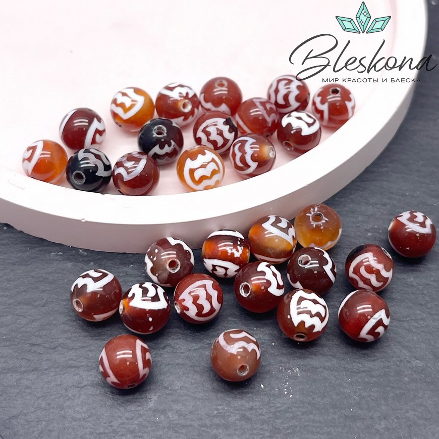 Бусина Дзи Птица Гаруда бело-коричневый шар 8 мм уп.15 шт.