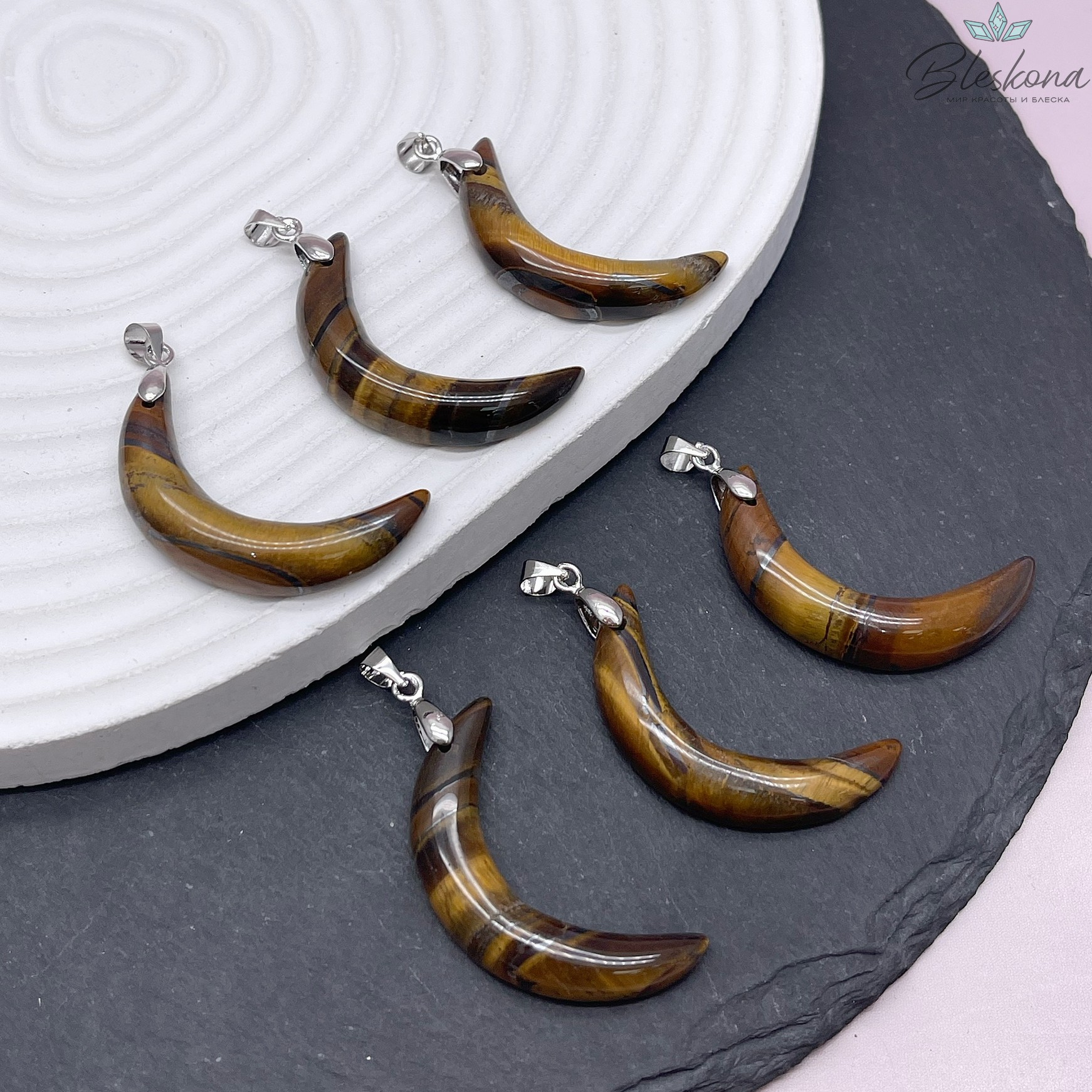 35,5*19,5 мм Цвет серебро, Подвеска полумесяц Тигровый глаз