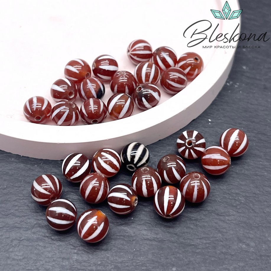 Бусина Дзи полосы бело-коричневый шар 8 мм уп.15 шт.