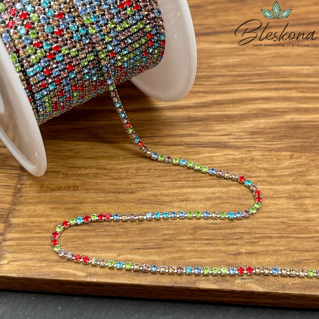 Цепь №309 цвет серебро, стразовая лента цирконы микс 1,7 мм