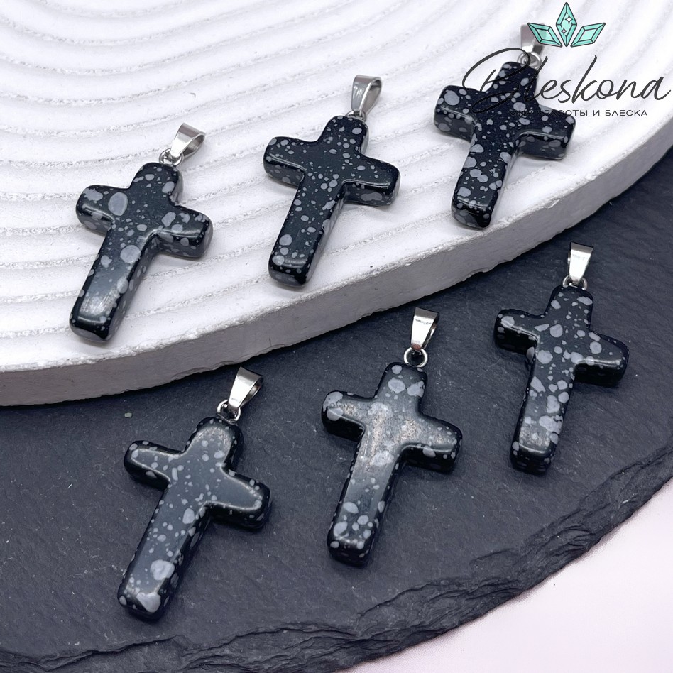 Подвеска крест Обсидиан снежный, цвет серебро 28*18 мм