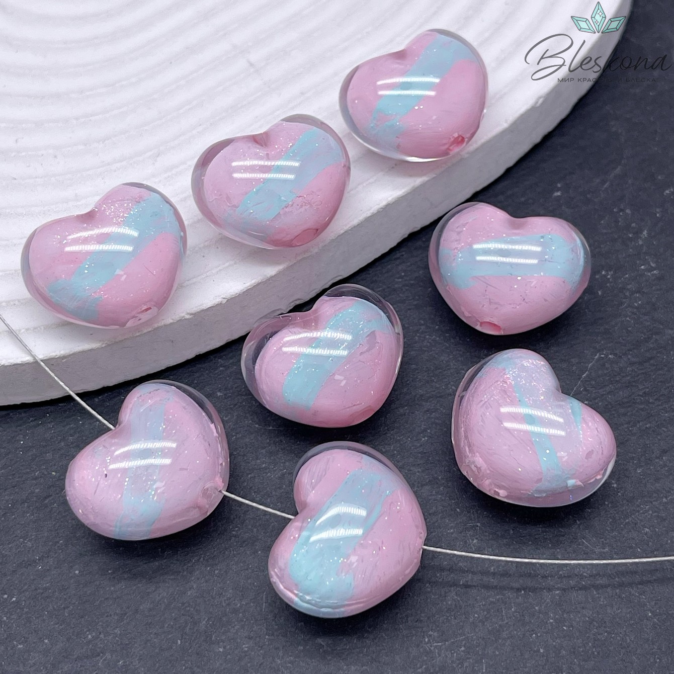 18*22 мм Бусина зефирное сердце  розово- зеленое