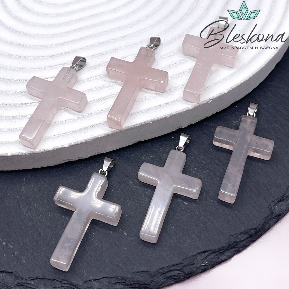 Подвеска крест Розовый кварц, цвет серебро 34*19 мм