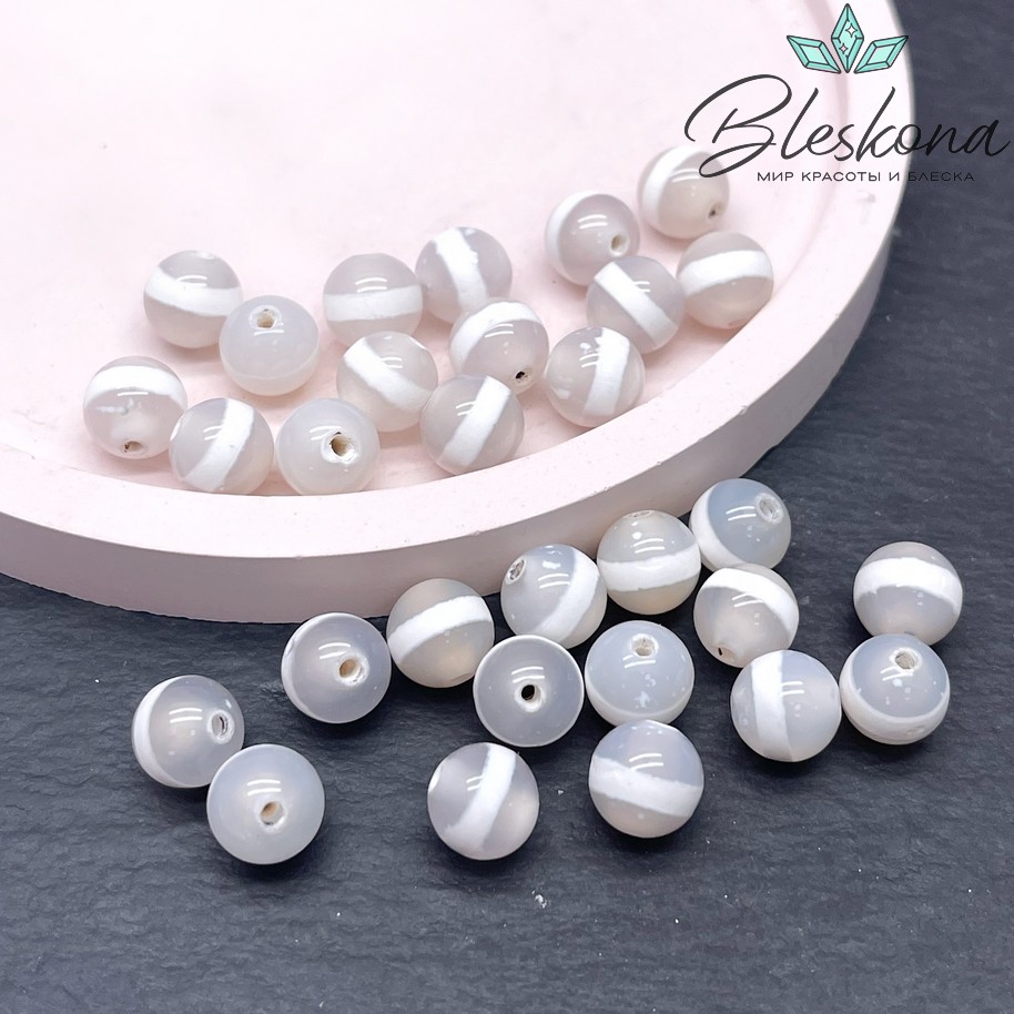 Бусина Дзи Медицина серо-белый шар 8 мм уп.15 шт.