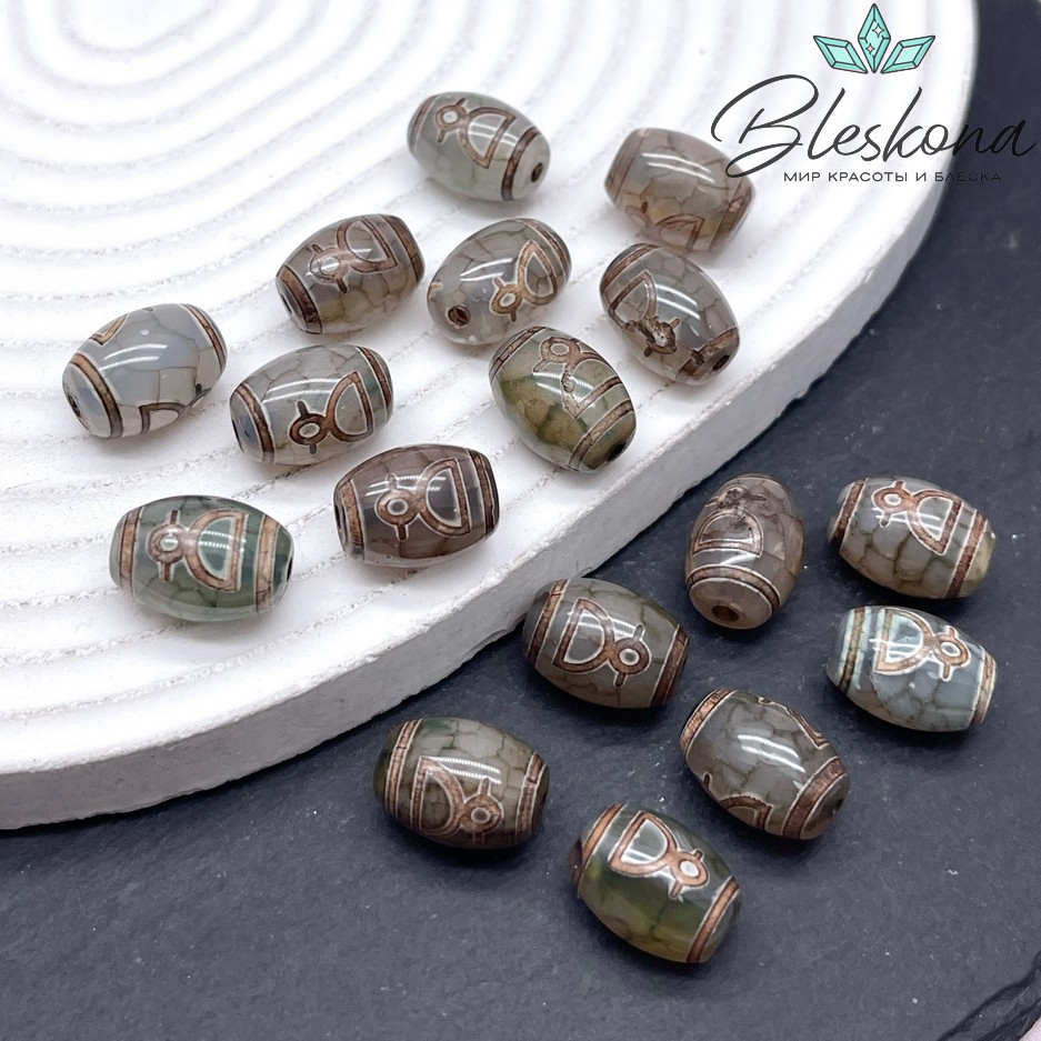 Бусина Дзи Кубера зелено-коричневый бочонок 10*14 мм