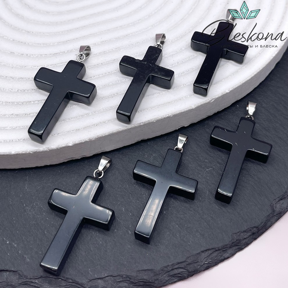 Подвеска крест Агат черный, цвет серебро 35*20 мм
