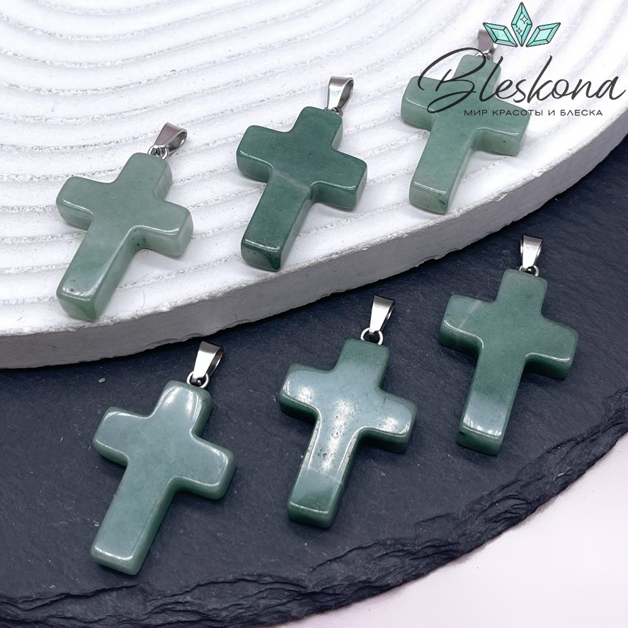 Подвеска крест Авантюрин зеленый, цвет серебро 28*18 мм