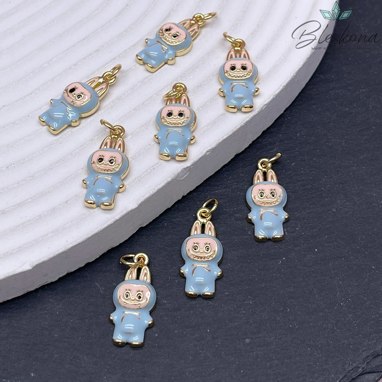 20*9 мм Цвет золото, Подвеска игрушка-монстрик Лабубу голубая эмаль