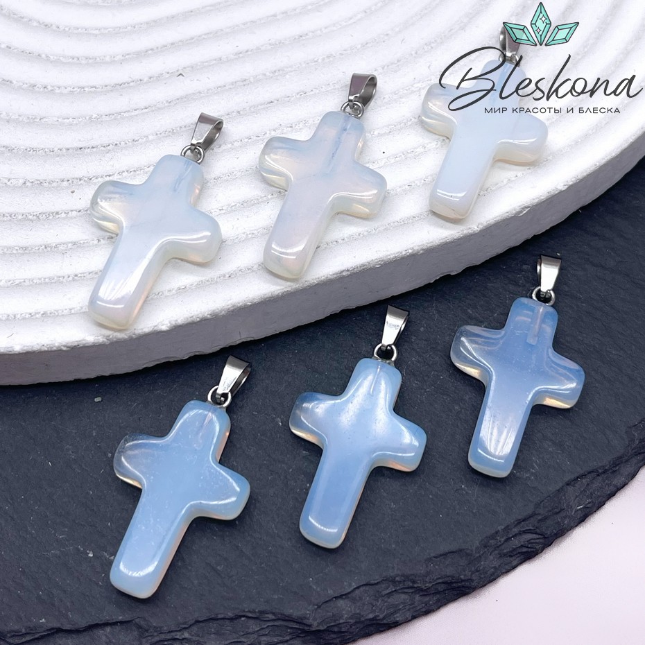 Подвеска крест Лунный камень (имитация), цвет серебро 28*18 мм