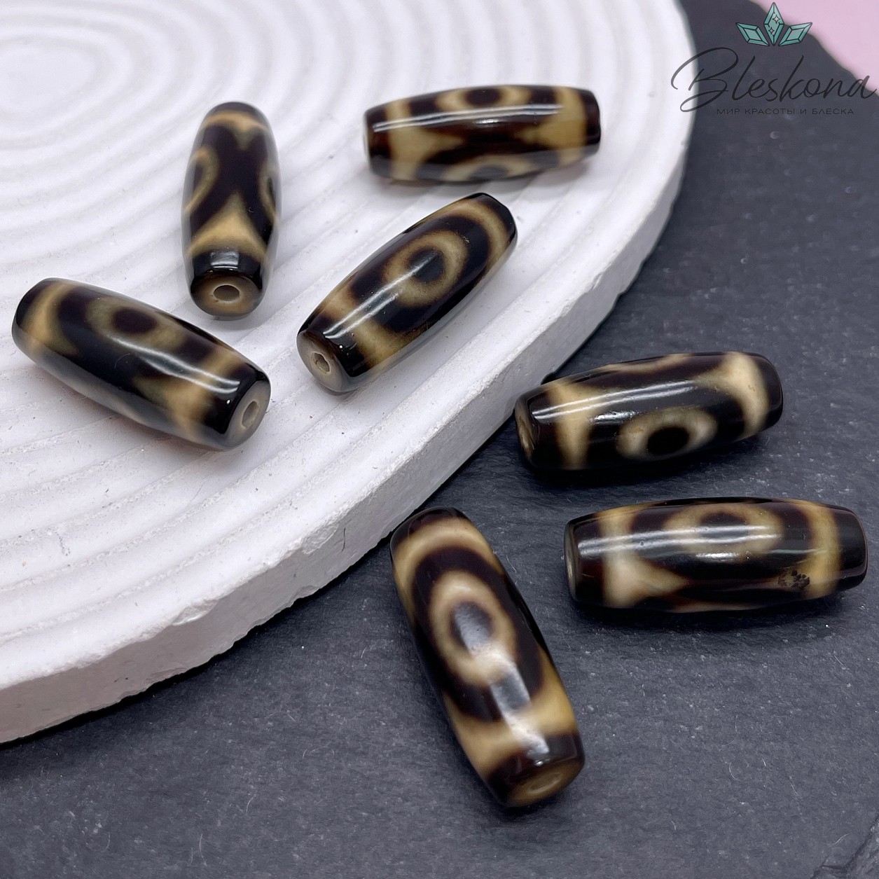 Бусина Дзи 3 глаза черно-коричневый бочонок 28*12 мм №3