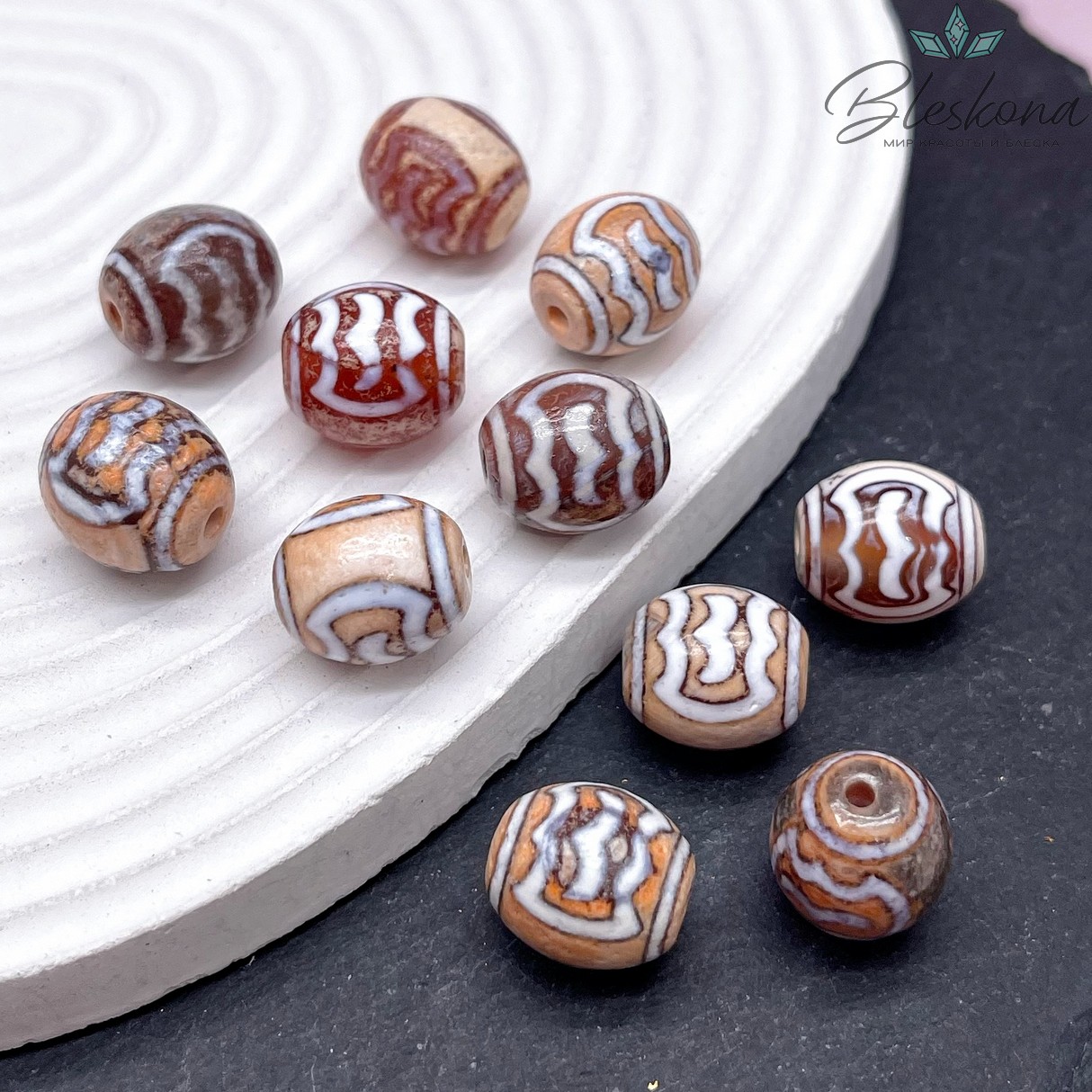 Бусина Дзи Птица Гаруда серо-коричневый бочонок 14*14 мм