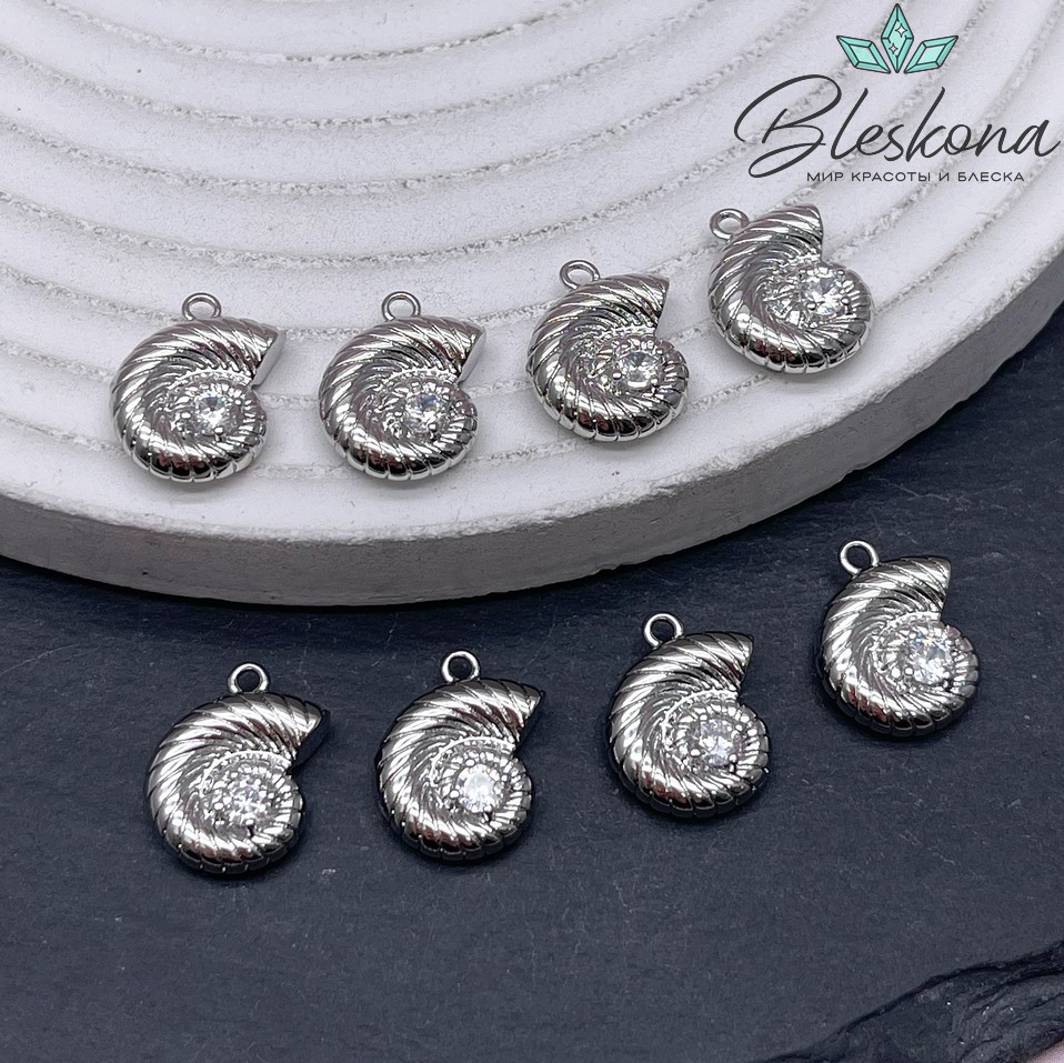14*10,5 мм Цвет серебро, Подвеска ракушка улитка циркон 
