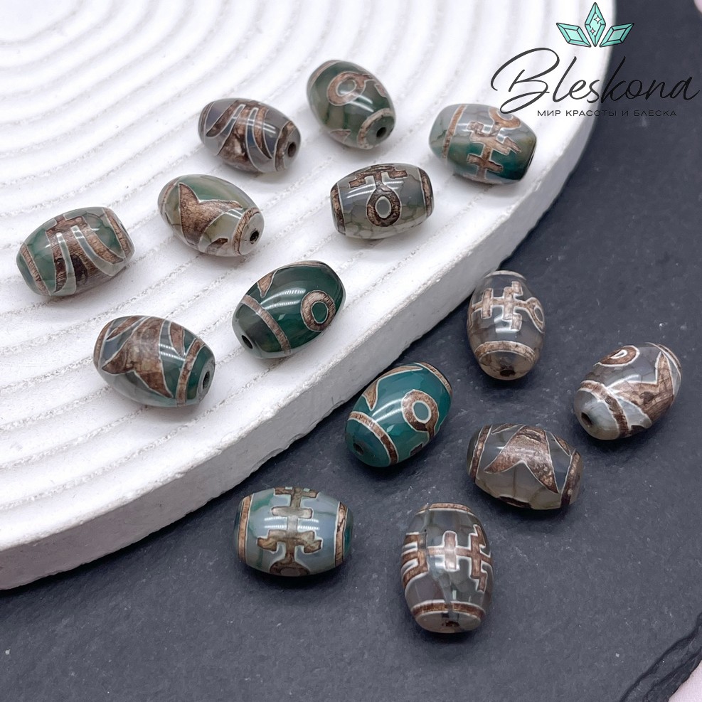 Бусина Дзи Большой человек (Аристократ) зелено-коричневый бочонок 10*14 мм