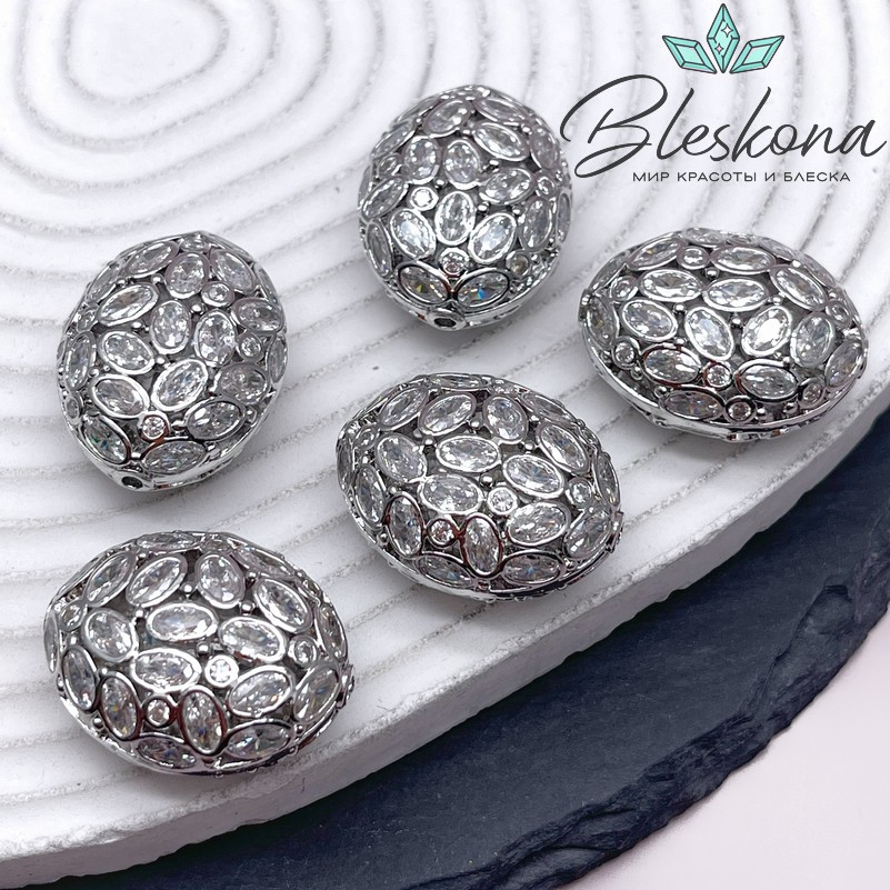 27*21 мм Цвет серебро, Бусина овал цирконы