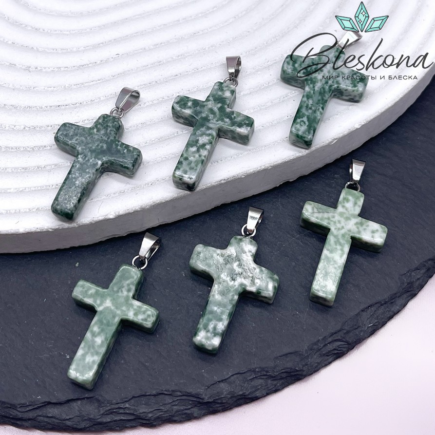 Подвеска крест Яшма зеленая пятнистая, цвет серебро 28*18 мм