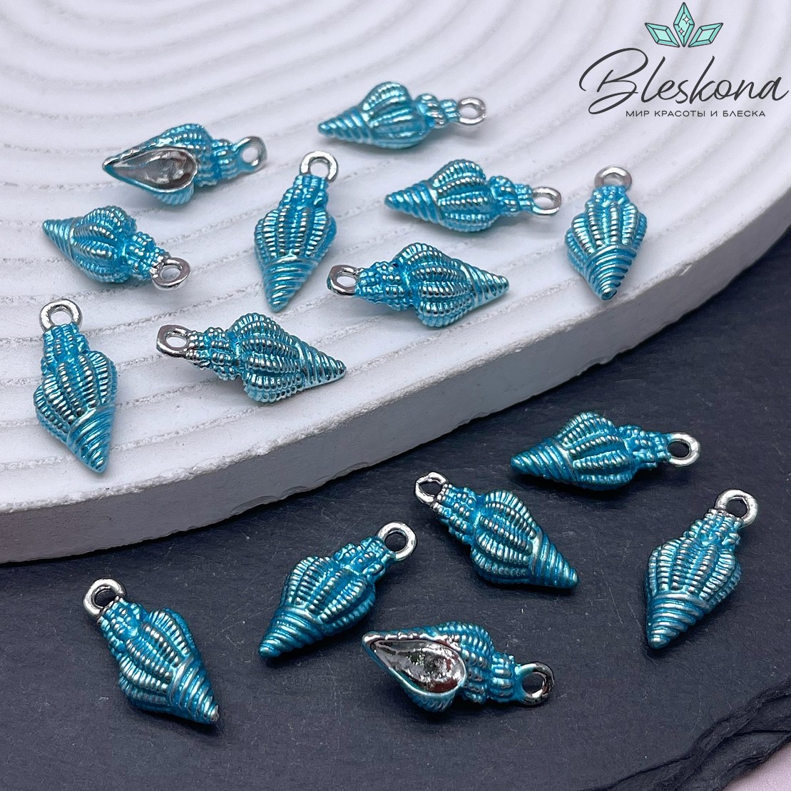 19*8,5 мм Цвет серебро, Подвеска ракушка голубая эмаль