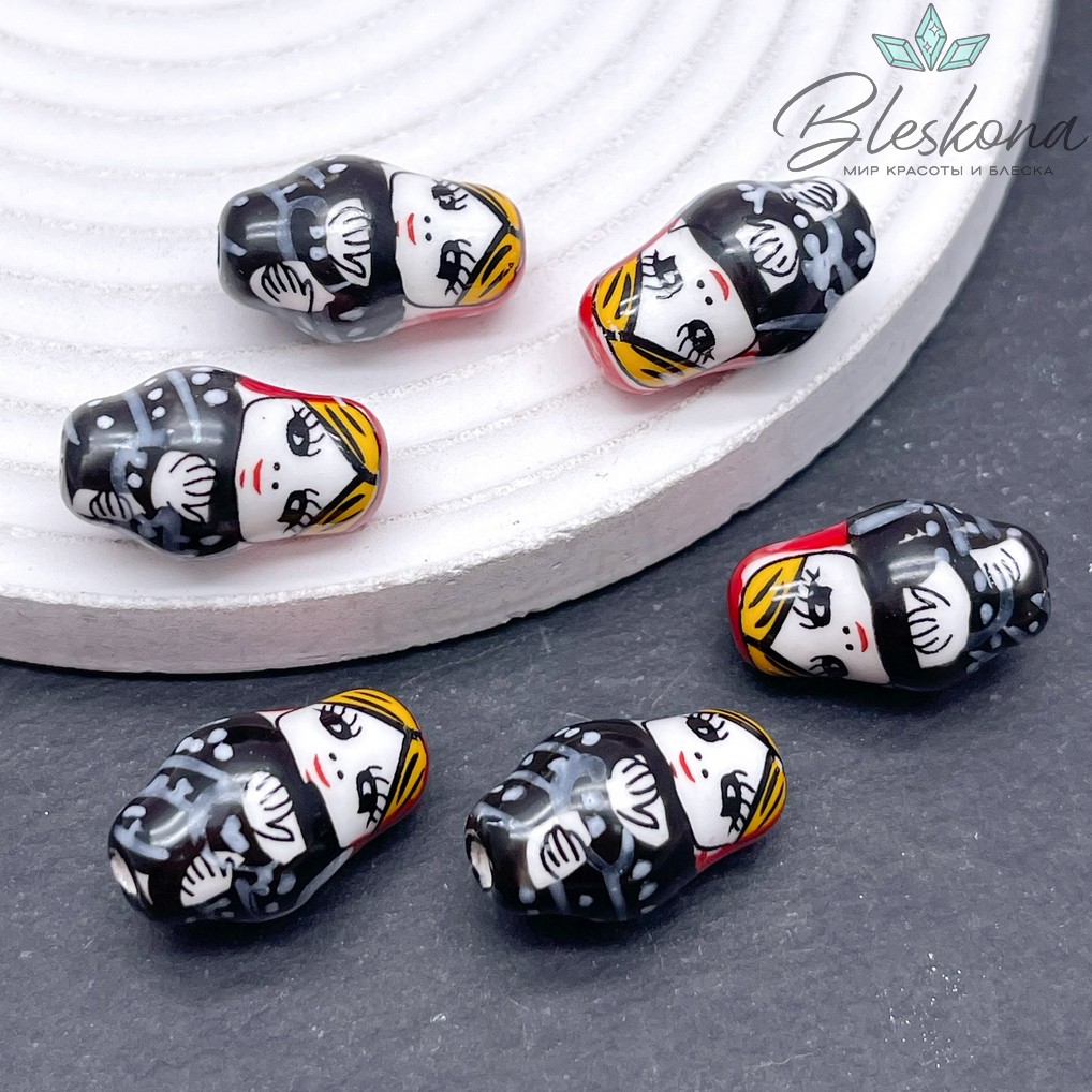 23*14 мм Керамика бусина матрёшка черно-красная