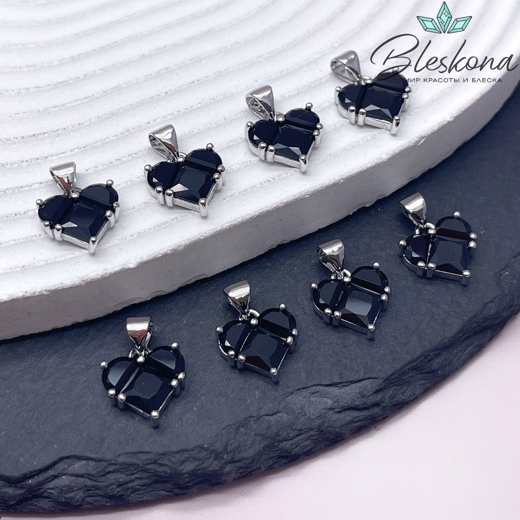 12,7*11,8 мм Цвет серебро, Подвеска Сердце черные цирконы