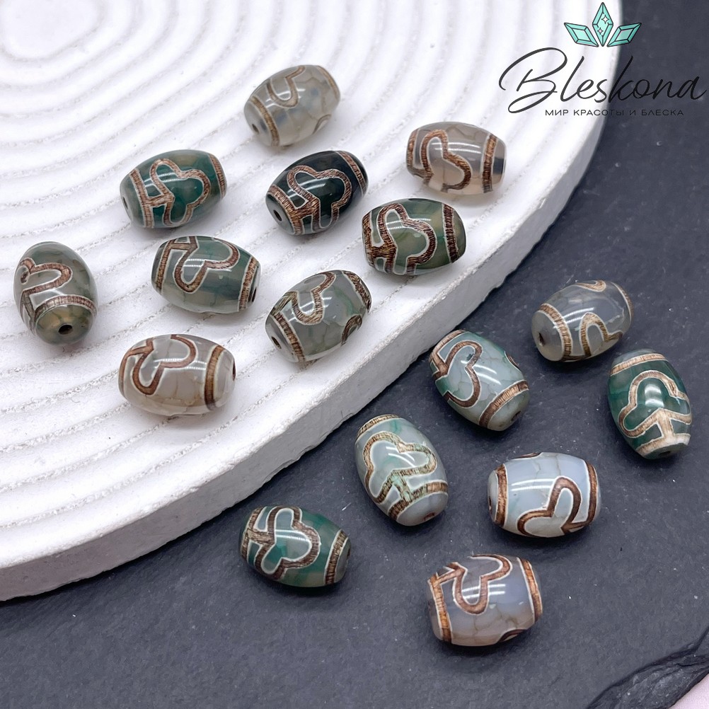Бусина Дзи Бодха зелено-коричневый бочонок 10*14 мм