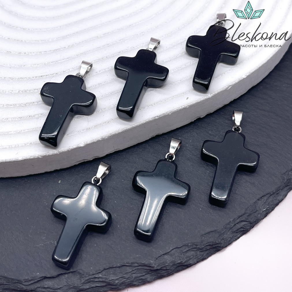 Подвеска крест Агат черный, цвет серебро 28*18 мм