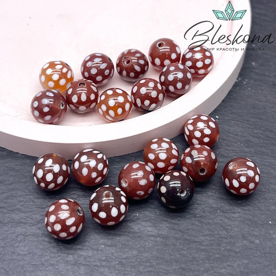 Бусина Дзи точки бело-коричневый шар 10 мм уп.10 шт.