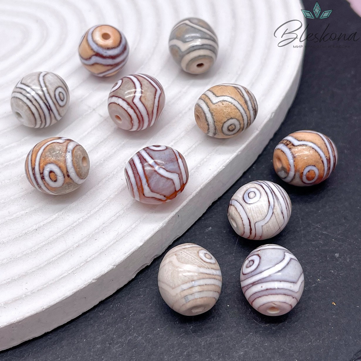 Бусина Дзи 2 глаза серо-коричневый бочонок 14*14 мм