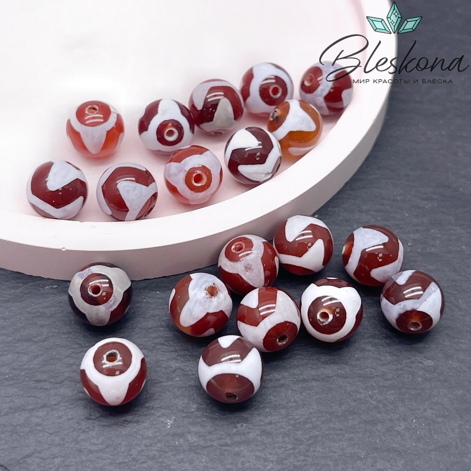 Бусина Дзи Тигриный клык бело-коричневый шар 10 мм уп.10 шт.