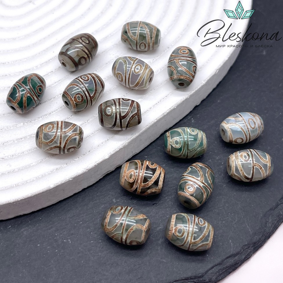 Бусина Дзи 4 глаза зелено-коричневый бочонок 10*14 мм