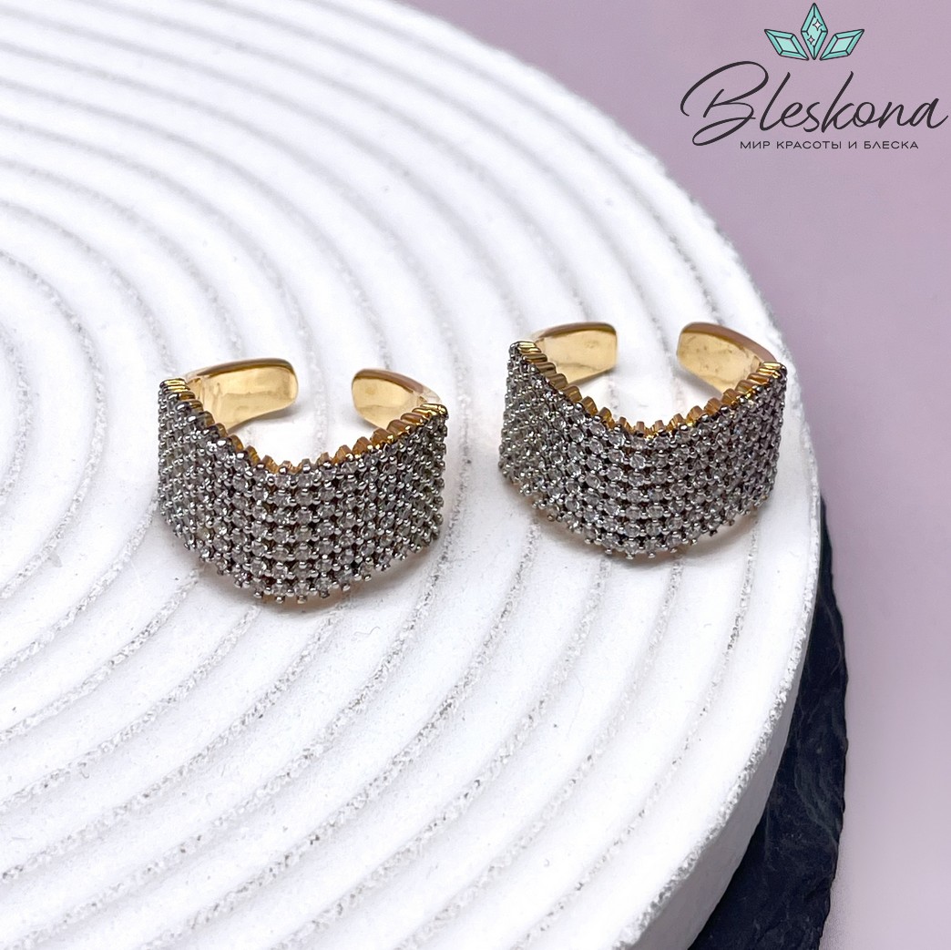 19,5 мм Цвет биколор, Кольцо безразмерное волна с цирконами