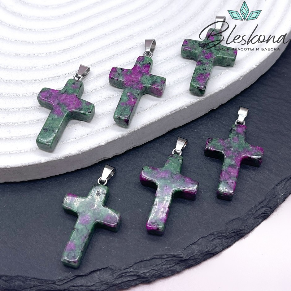 Подвеска крест Цоизит, цвет серебро 28*18 мм