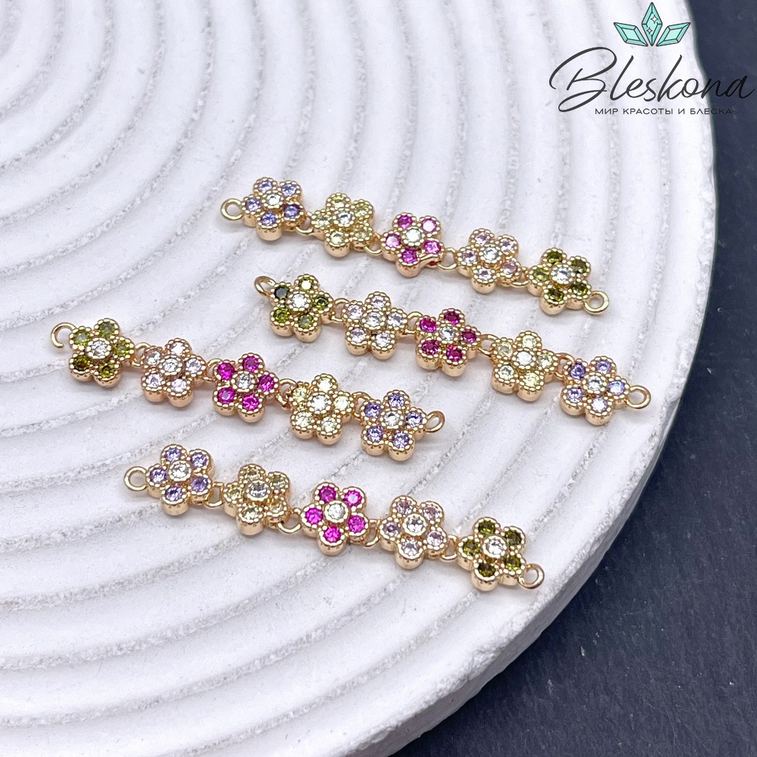 36*6 мм Цвет Золото, Коннектор Клевер цирконы микс