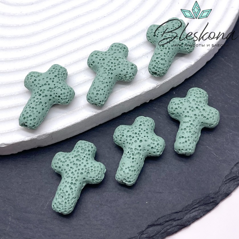 Лава Вулканическая Бусина крест зеленый 27*19 мм