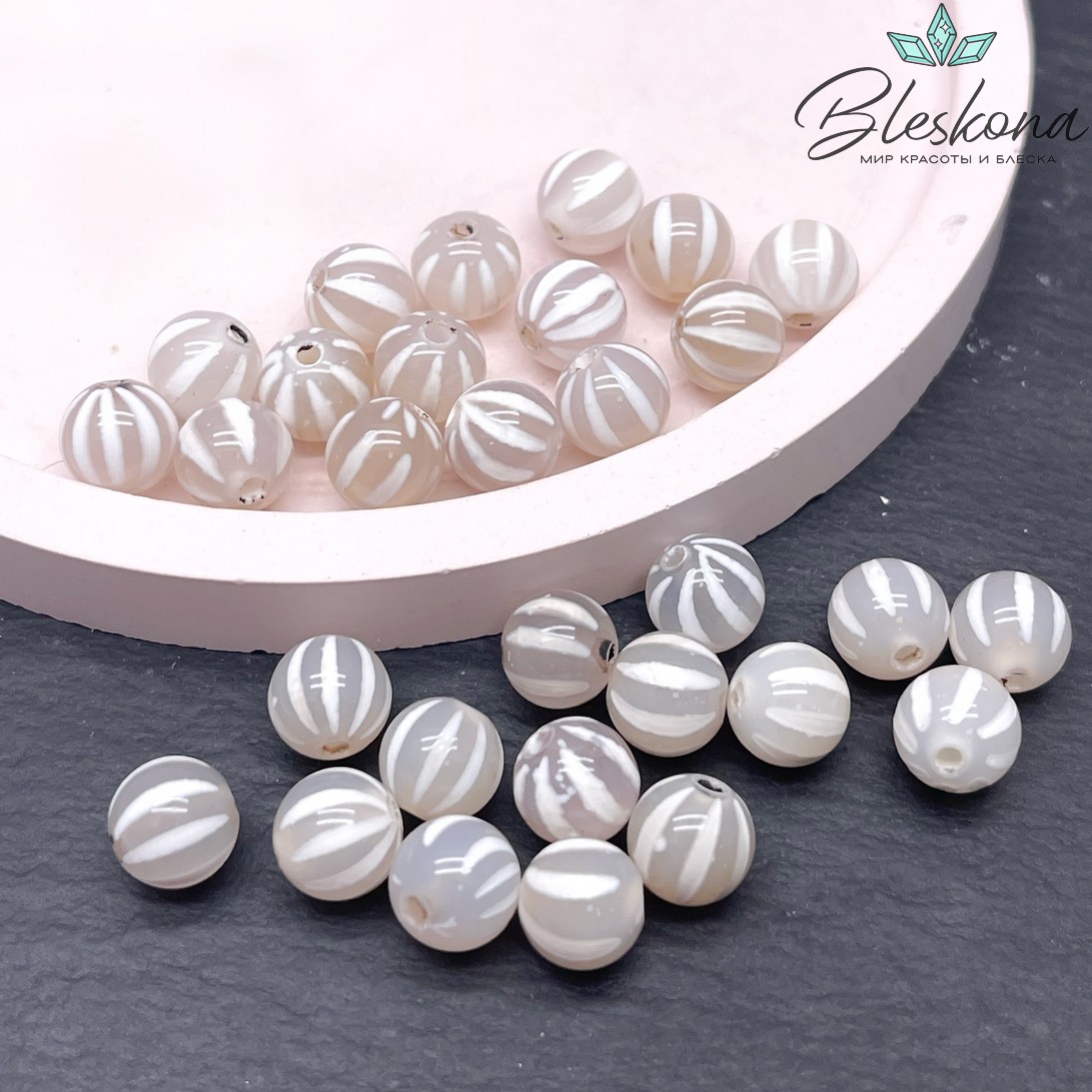 Бусина Дзи полосы серо-белый шар 8 мм уп.15 шт.