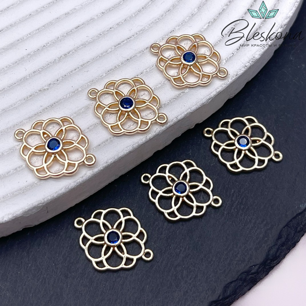 19,7*15 мм Цвет золото, Коннектор цветок синий циркон