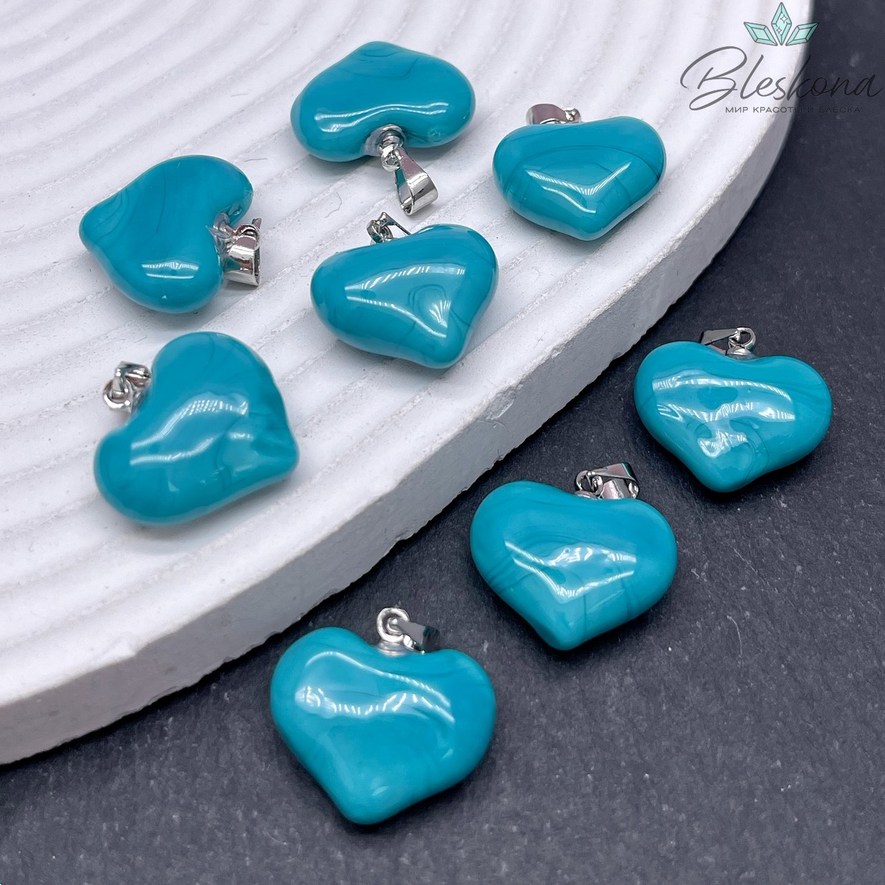 17 мм, Цвет серебро, Подвеска сердце стекло бирюзовое