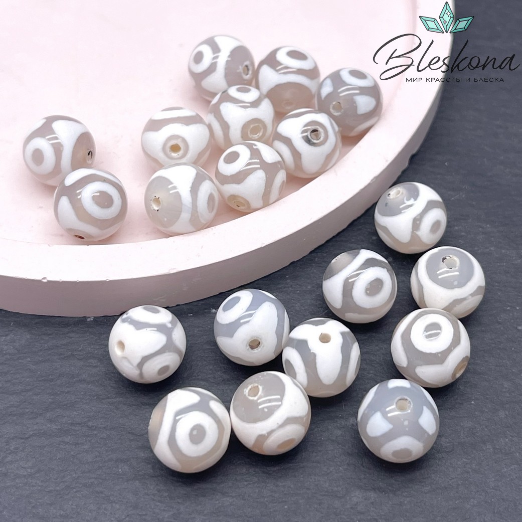 Бусина Дзи 3 глаза серо-белый шар 10 мм уп.10 шт.