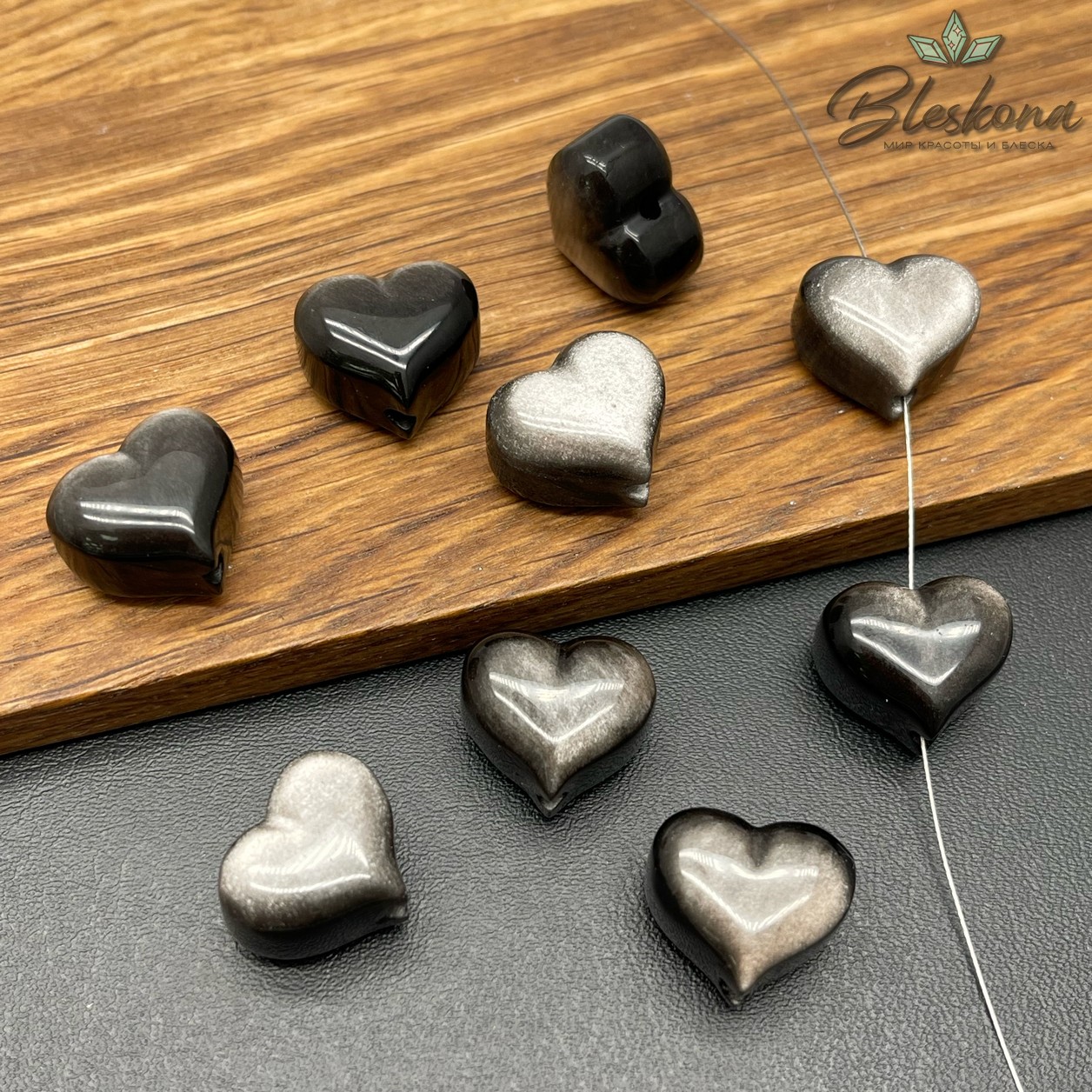 Бусина Сердце Обсидиан серебристый №1 15*17 мм