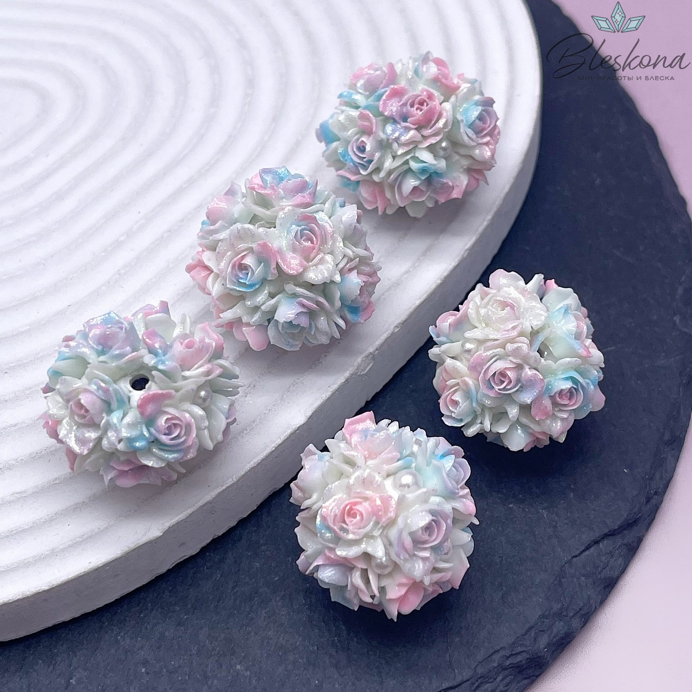 24 мм Бусина шар цветочный розово-голубой  