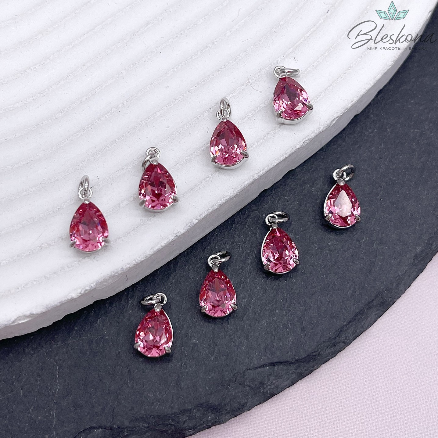 11*7 мм, Цвет серебро, Подвеска капля малиновый циркон