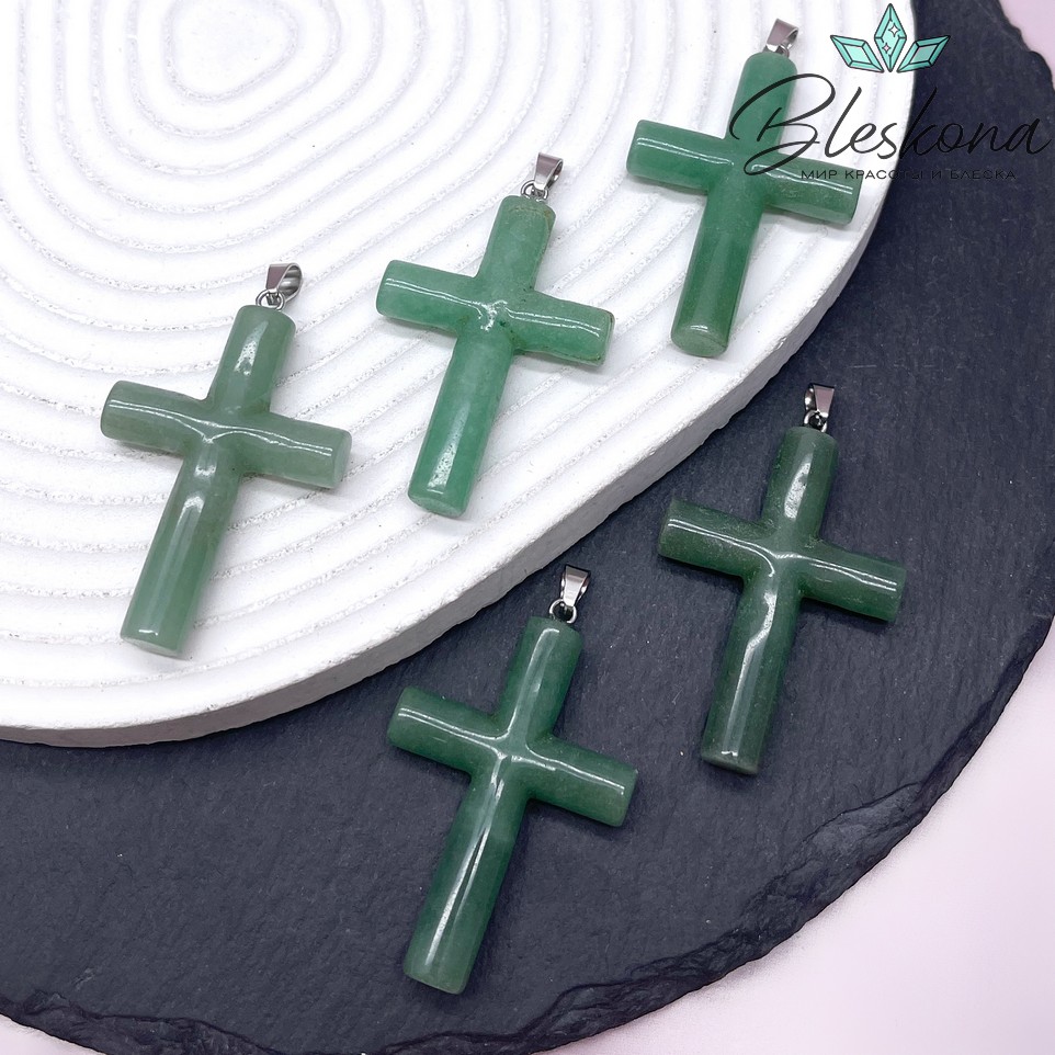 Подвеска крест Авантюрин зеленый, цвет серебро 43*29 мм