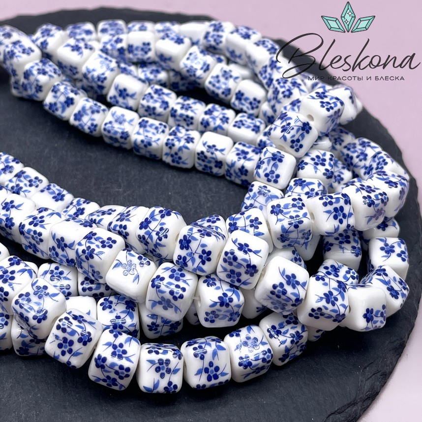 10 мм Керамика Бусина Куб роспись гжель №2