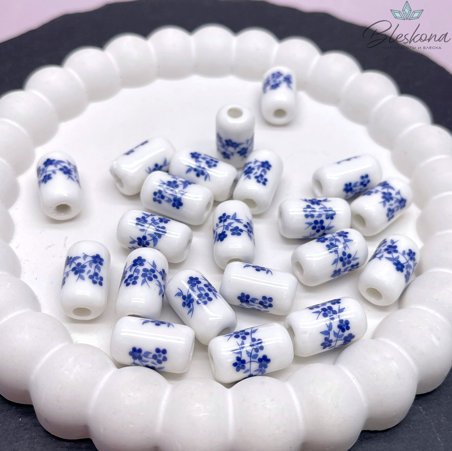 17*10 мм Керамика Бусина бочонок  роспись гжель №2 (штучно)