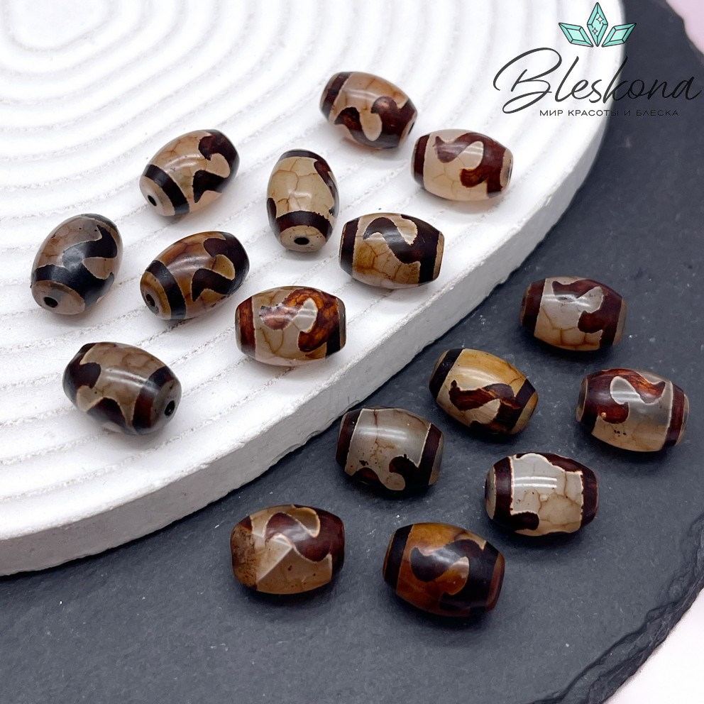 Бусина Дзи Золотой ключ серо-коричневый бочонок 10*14 мм