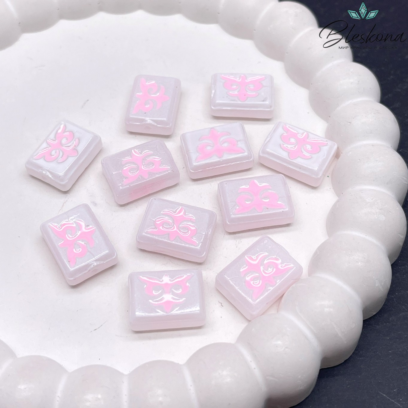 12*16 мм Бусина Этно прямоугольник белый розовый рисунок