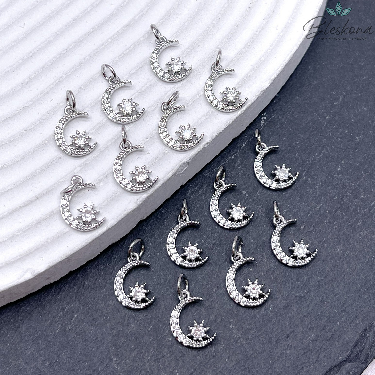 12*9,5 мм, Цвет серебро,Подвеска Луна со звездой цирконы