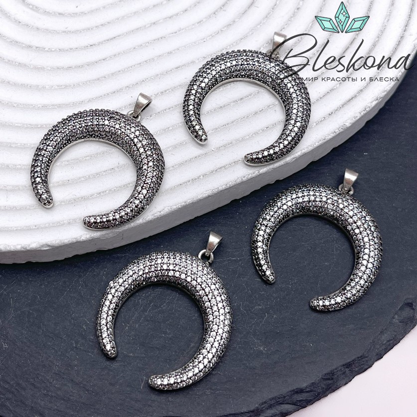 31*30 мм Цвет темное серебро, Подвеска Лунница с цирконами