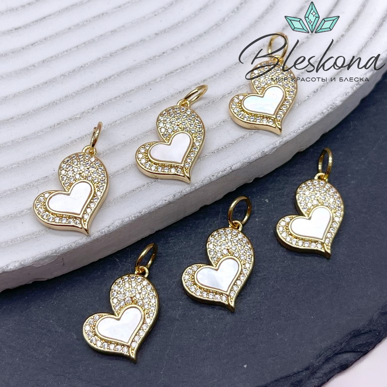 17*12,5 мм Цвет золото, Подвеска сердце с перламутром и цирконами